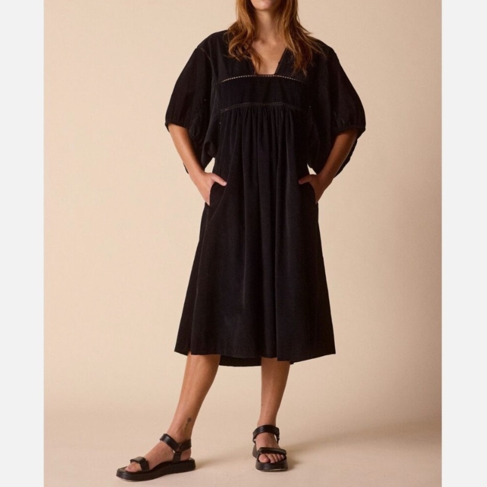 St. Roche Romantic Black Balloon Sleeve Smocked Midi Dress
